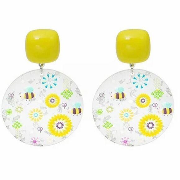 New Womens Boho Korean Designed Oil Painted Bee And Flower Acrylic Disc Dangle - Picture 1 of 2
